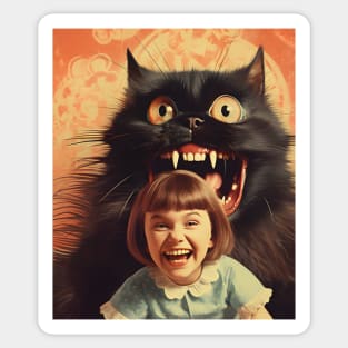 Vintage Little Girl and Creepy Cat - Enchanting Retro Art Sticker